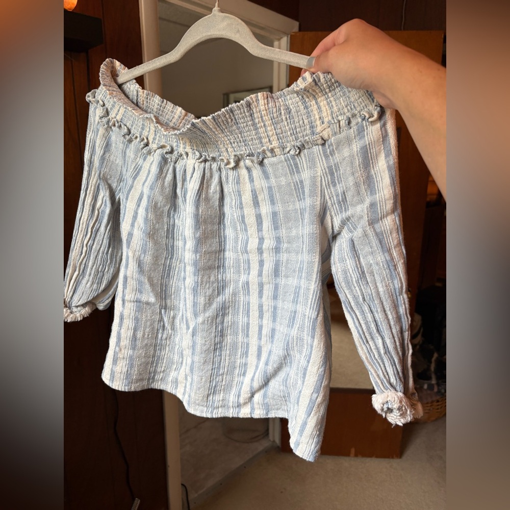 Lucky Brand Blue and White Smocked Ruffled Blouse
